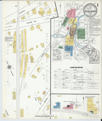 Sanborn Fire Insurance Map from Eaton Rapids, Eaton County, Michigan (1918), Sheet #0001 - Complete Map Set gallery image, historic Sanborn map, vintage wall art, Michigan Michigan