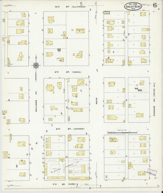 Sanborn Fire Insurance Map from Great Bend, Barton County, Kansas (1909), Sheet #0006 - Historic Sanborn Fire Insurance Map Print, vintage old map wall art, antique decor, genealogy gift, Kansas Kansas map