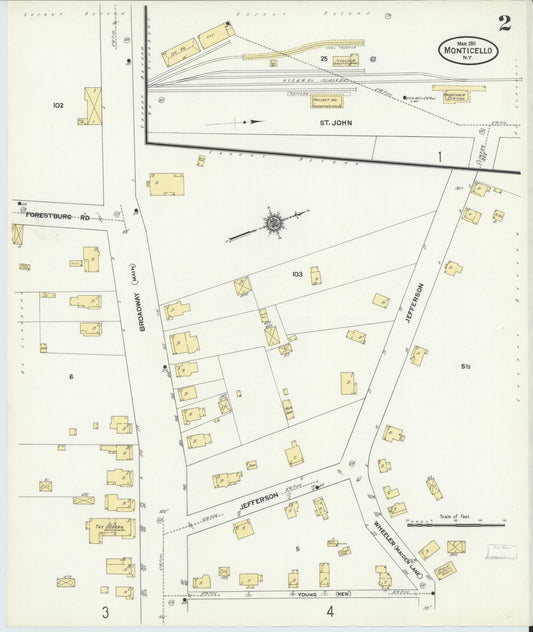 Sanborn Fire Insurance Map from Monticello, Sullivan County, New York (1911), Sheet #0002 - Historic Sanborn Fire Insurance Map Print, vintage old map wall art, antique decor, genealogy gift, New York New York map