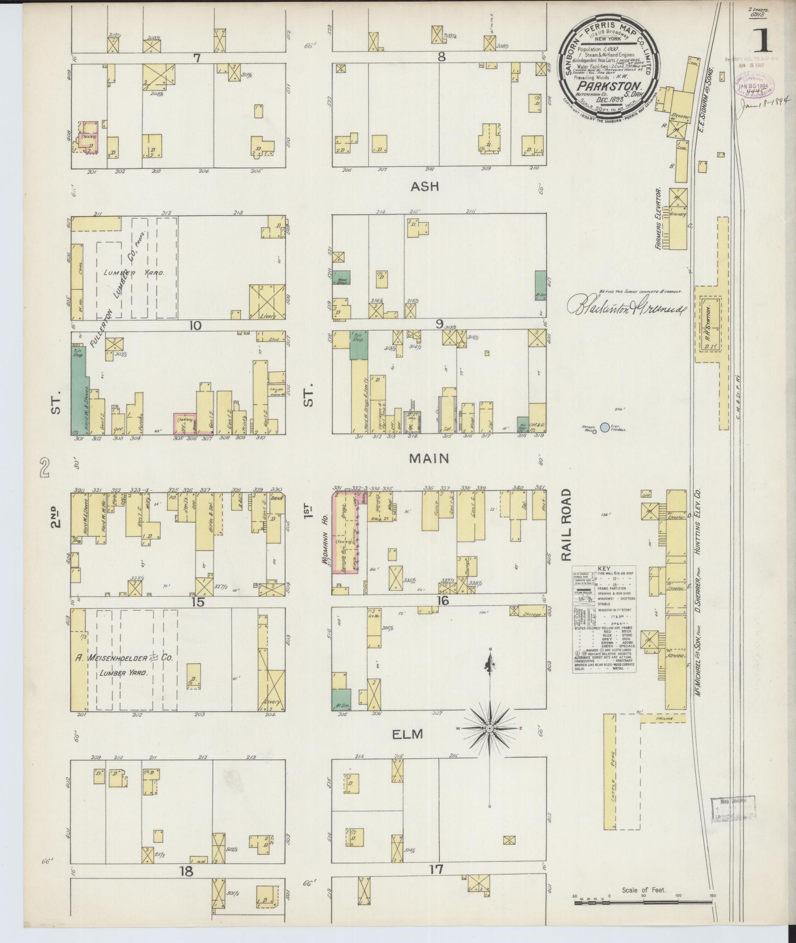 Sanborn Fire Insurance Map from Parkston, Hutchinson County, South Dakota. (1893) – Historic Sanborn Fire Insurance Map Print