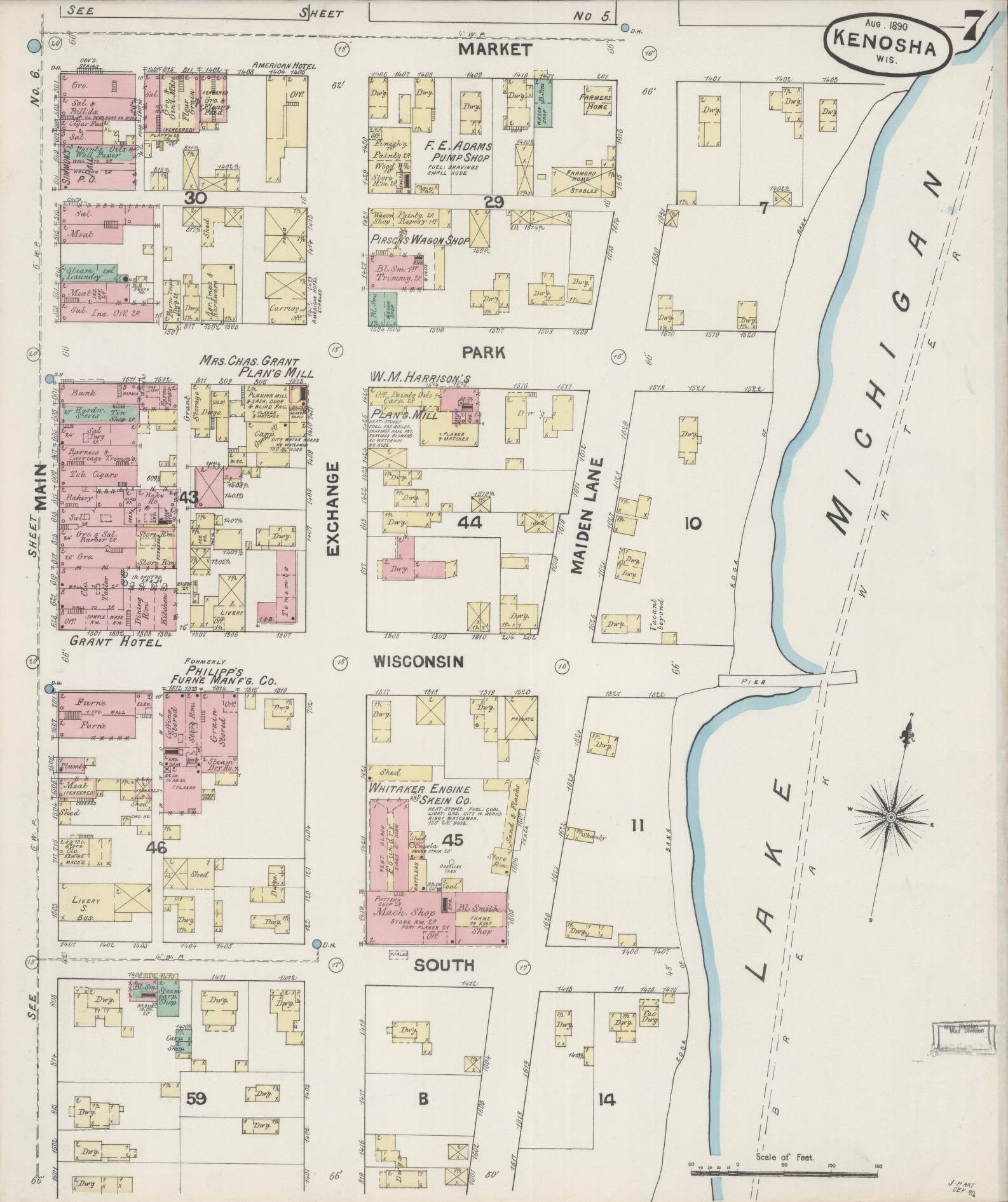 Sanborn Fire Insurance Map from Kenosha, Kenosha County, Wisconsin (1890), Sheet #0007 - Complete Map Set gallery image, historic Sanborn map, vintage wall art, Wisconsin Wisconsin