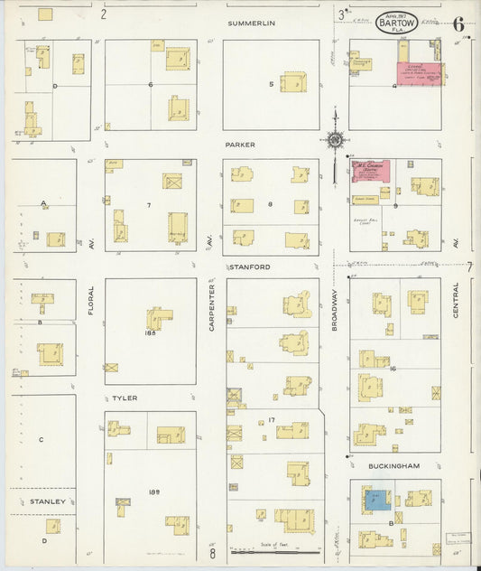 Sanborn Fire Insurance Map from Bartow, Polk County, Florida (1917), Sheet #0006 - Historic Sanborn Fire Insurance Map Print, vintage old map wall art, antique decor, genealogy gift, Florida Florida map