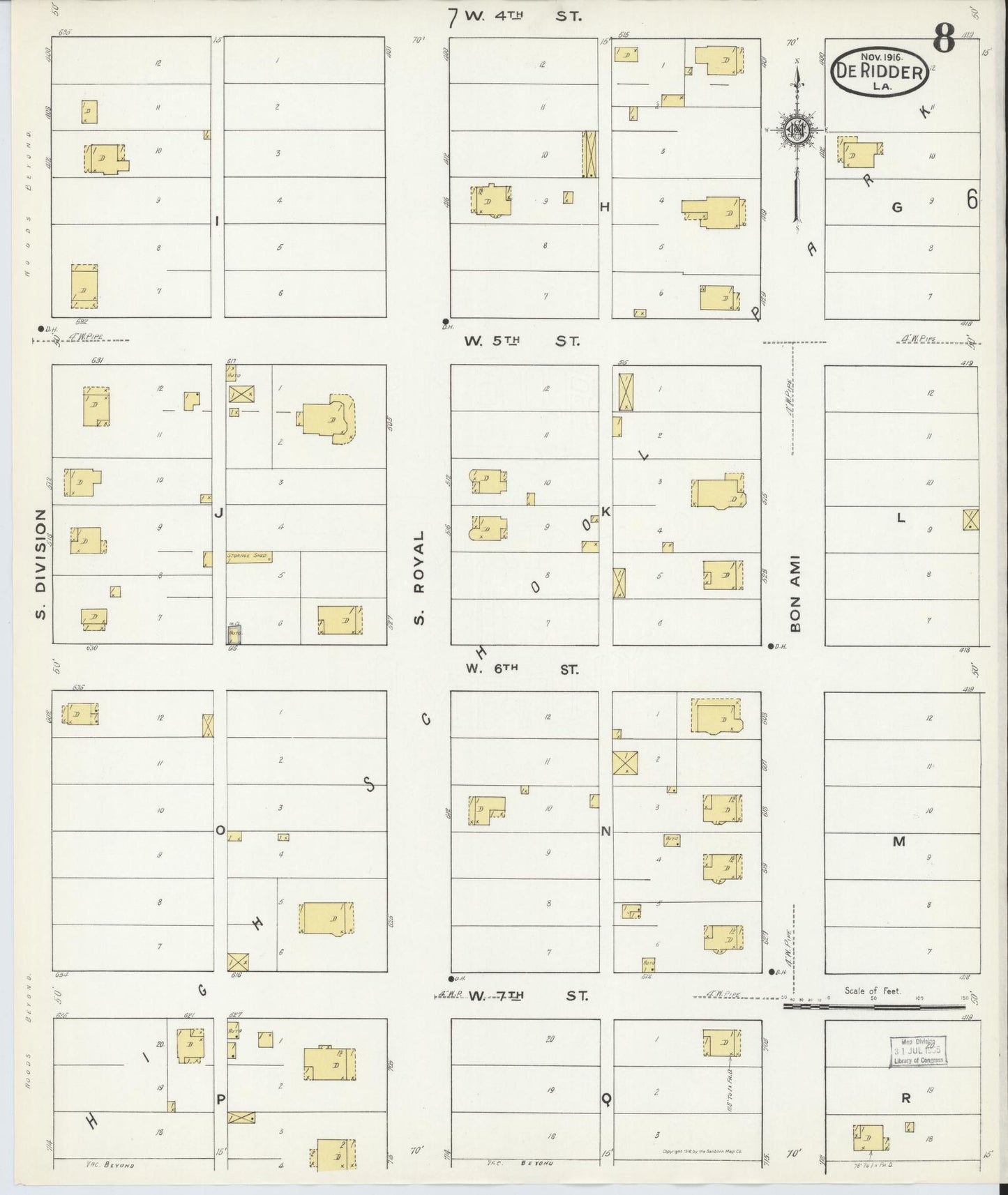 Sanborn Fire Insurance Map from De Ridder, Beauregard Parish, Louisiana (1916), Sheet #0008 - Complete Map Set gallery image, historic Sanborn map, vintage wall art, Louisiana Louisiana