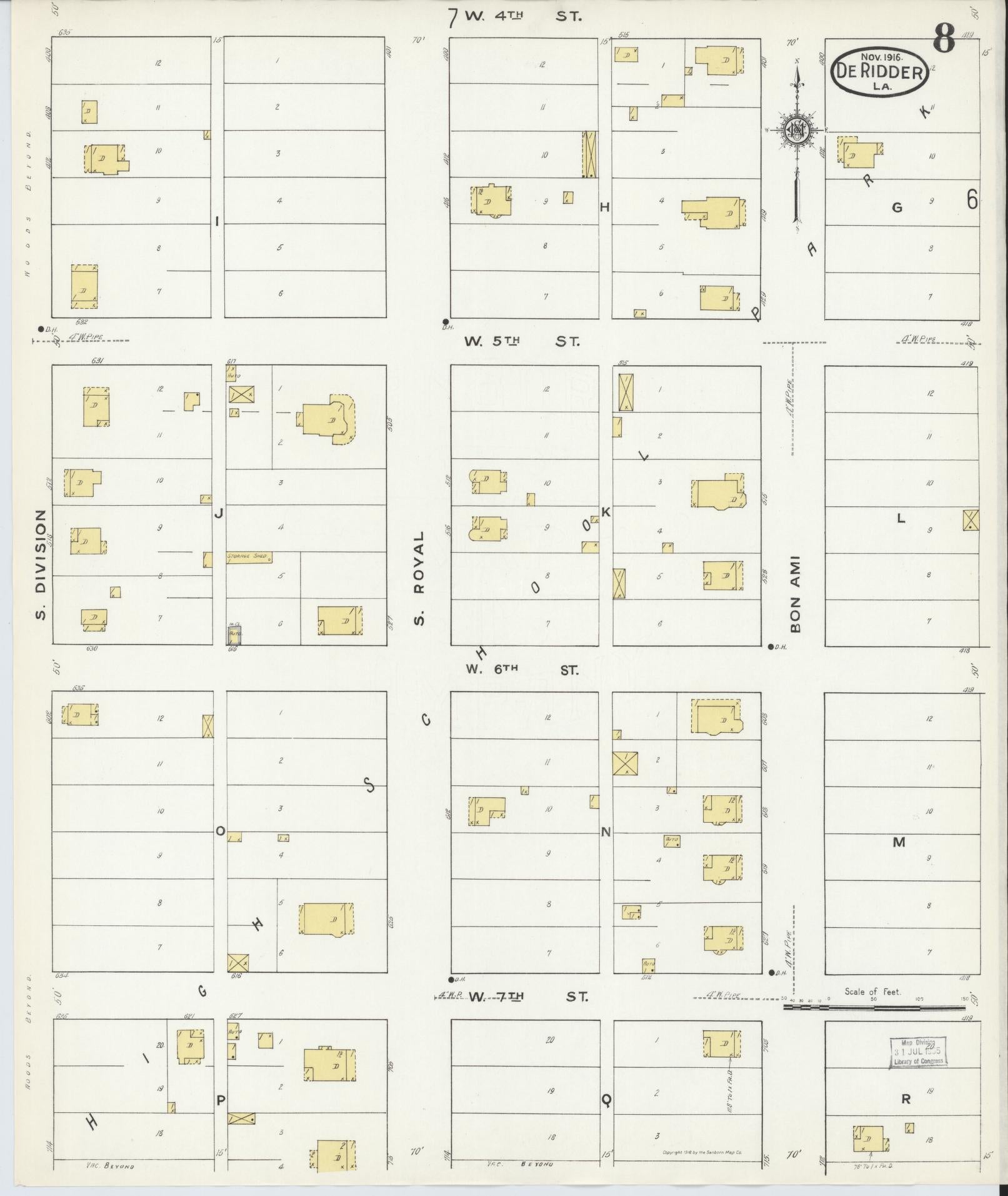 Sanborn Fire Insurance Map from De Ridder, Beauregard Parish, Louisiana (1916), Sheet #0008 - Complete Map Set gallery image, historic Sanborn map, vintage wall art, Louisiana Louisiana