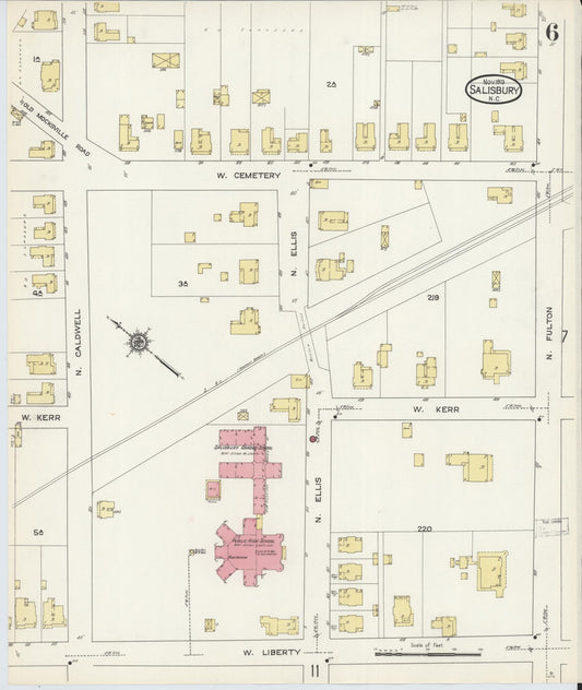 Sanborn Fire Insurance Map from Salisbury, Rowan County, North Carolina (1913), Sheet #0006 - Historic Sanborn Fire Insurance Map Print, vintage old map wall art, antique decor, genealogy gift, North Carolina North Carolina map