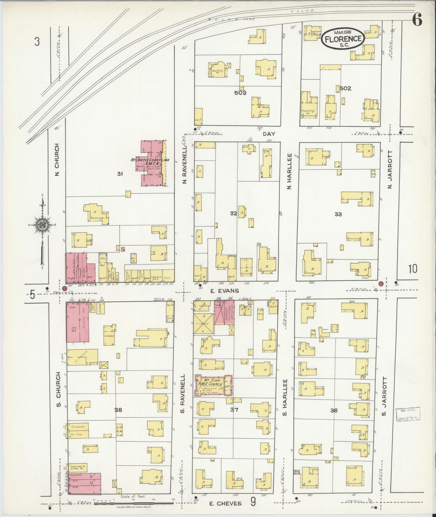 Sanborn Fire Insurance Map from Florence, Florence County, South Carolina (1918), Sheet #0006 - Complete Map Set gallery image, historic Sanborn map, vintage wall art, South Carolina South Carolina