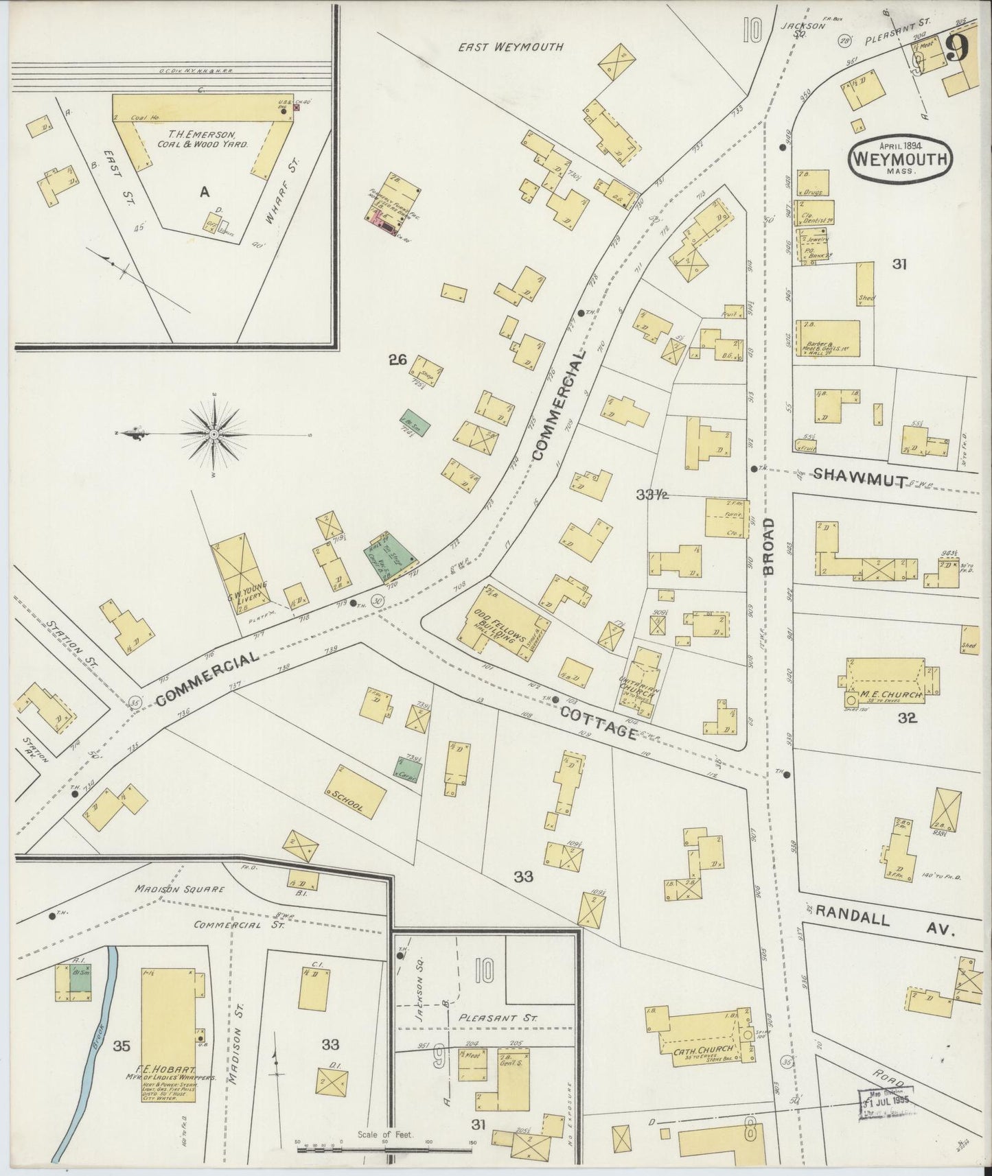 Sanborn Fire Insurance Map from Weymouth, Norfolk County, Massachusetts (1894), Sheet #0009 - Historic Sanborn Fire Insurance Map Print, vintage old map wall art, antique decor, genealogy gift, Massachusetts Massachusetts map