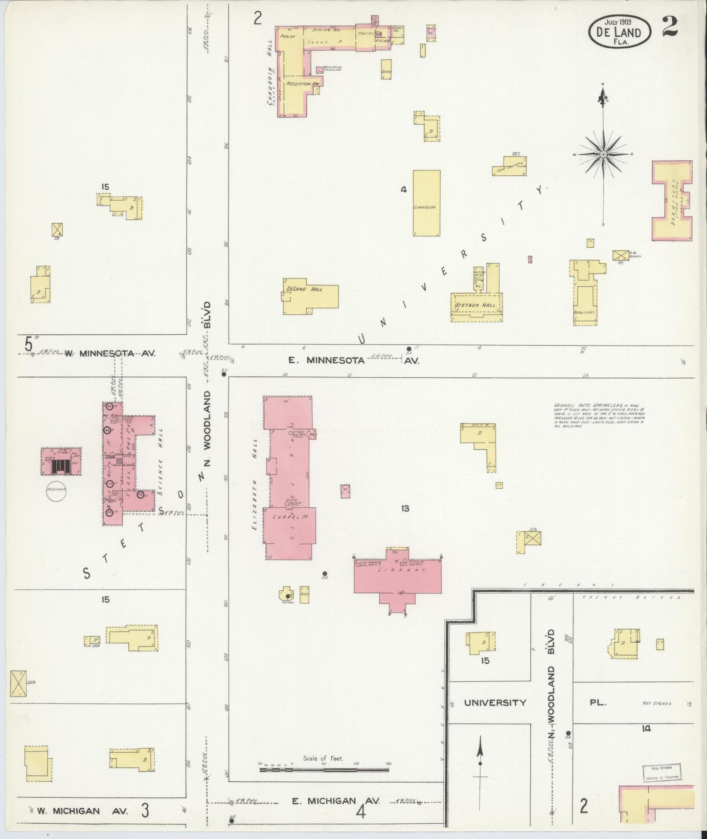 Sanborn Fire Insurance Map from De Land, Volusia County, Florida (1909), Sheet #0002 - Historic Sanborn Fire Insurance Map Print, vintage old map wall art, antique decor, genealogy gift, Florida Florida map