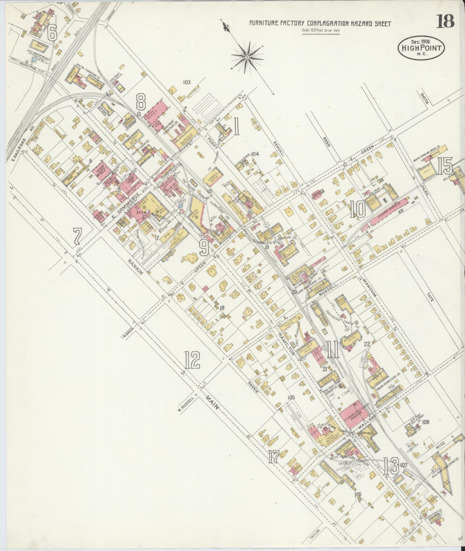 Sanborn Fire Insurance Map from High Point, Guilford County, North Carolina (1906), Sheet #0018 - Historic Sanborn Fire Insurance Map Print, vintage old map wall art, antique decor, genealogy gift, North Carolina North Carolina map