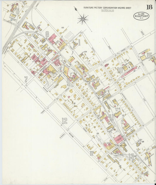 Sanborn Fire Insurance Map from High Point, Guilford County, North Carolina (1906), Sheet #0018 - Historic Sanborn Fire Insurance Map Print, vintage old map wall art, antique decor, genealogy gift, North Carolina North Carolina map