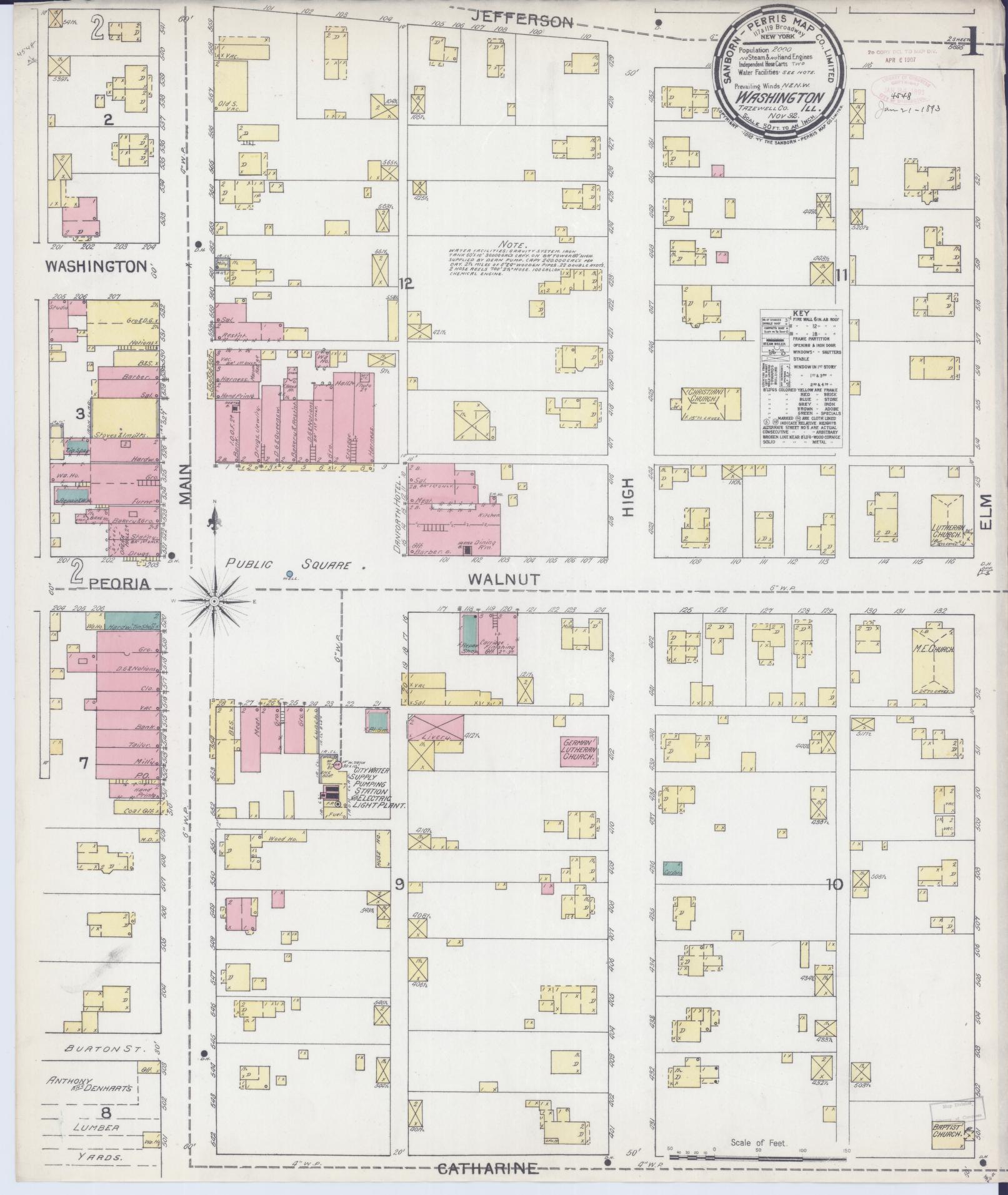Sanborn Fire Insurance Map from Washington, Tazewell County, Illinois (1892), Sheet #0001 - Historic Sanborn Fire Insurance Map Print, vintage old map wall art, antique decor, genealogy gift, Washington Washington map