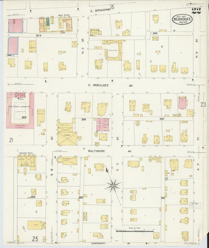 Sanborn Fire Insurance Map from Muskogee, Muskogee County, Oklahoma (1907), Sheet #0022 - Complete Map Set gallery image, historic Sanborn map, vintage wall art, Oklahoma Oklahoma