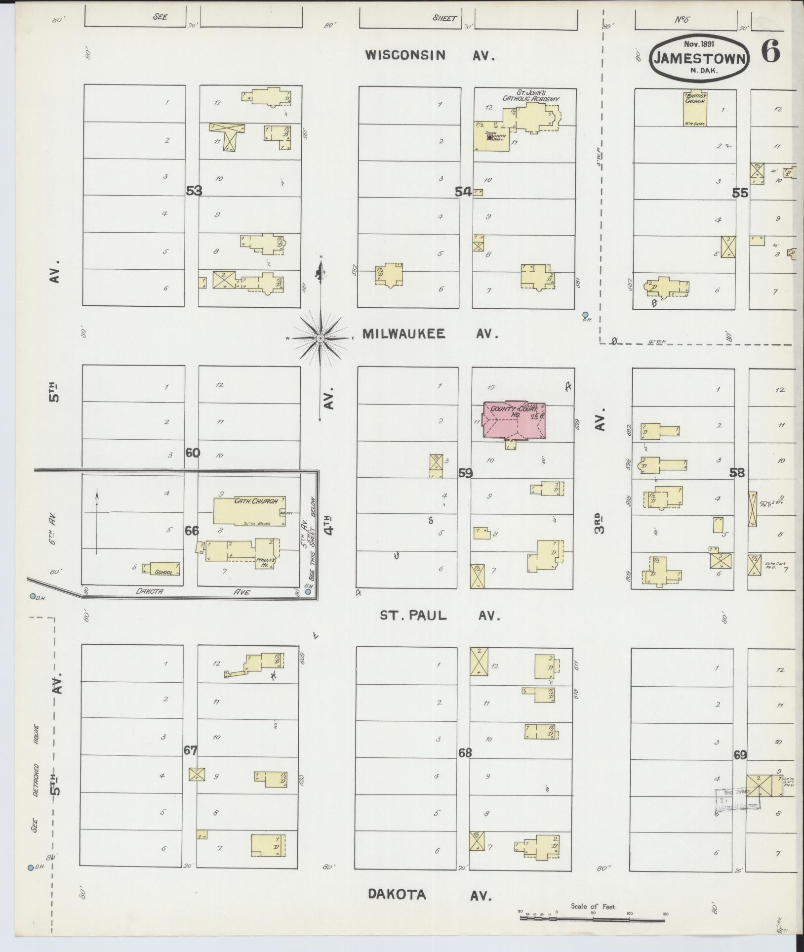 Sanborn Fire Insurance Map from Jamestown, Stutsman County, North Dakota (1891), Sheet #0006 - Historic Sanborn Fire Insurance Map Print, vintage old map wall art, antique decor, genealogy gift, North Dakota North Dakota map