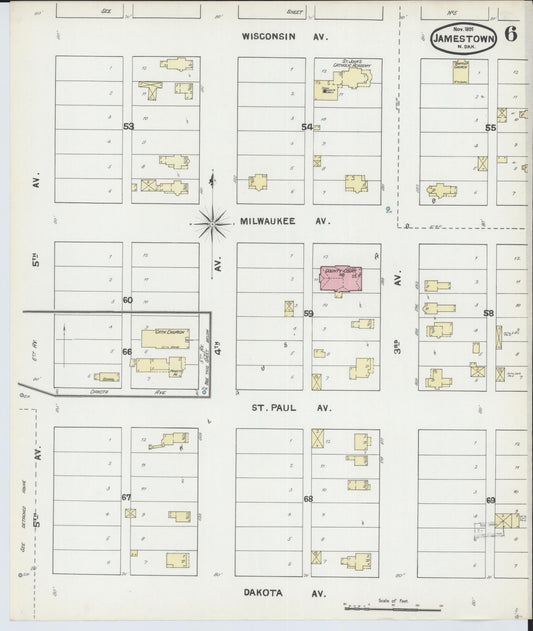 Sanborn Fire Insurance Map from Jamestown, Stutsman County, North Dakota (1891), Sheet #0006 - Historic Sanborn Fire Insurance Map Print, vintage old map wall art, antique decor, genealogy gift, North Dakota North Dakota map