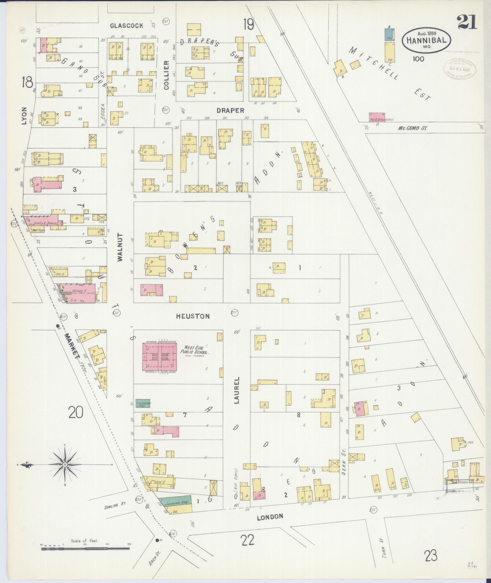 Sanborn Fire Insurance Map from Hannibal, Marion County, Missouri (1899), Sheet #0021 - Historic Sanborn Fire Insurance Map Print, vintage old map wall art, antique decor, genealogy gift, Missouri Missouri map