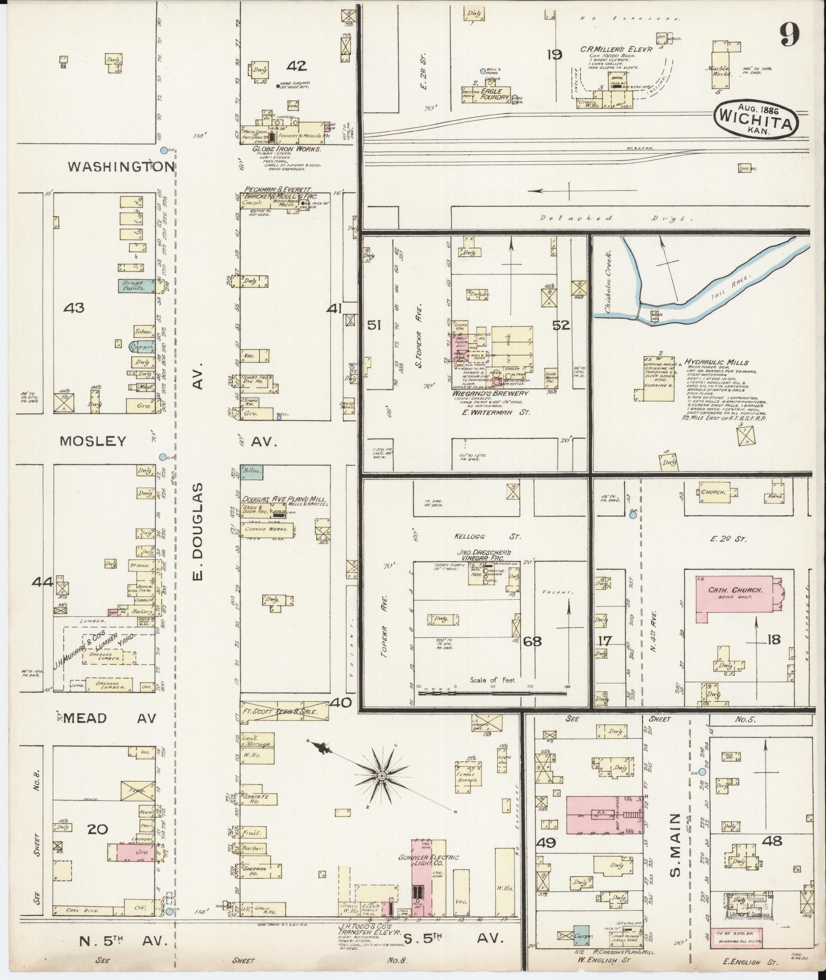 Sanborn Fire Insurance Map from Wichita, Sedgwick County, Kansas (1886), Sheet #0009 - Historic Sanborn Fire Insurance Map Print, vintage old map wall art, antique decor, genealogy gift, Kansas Kansas map