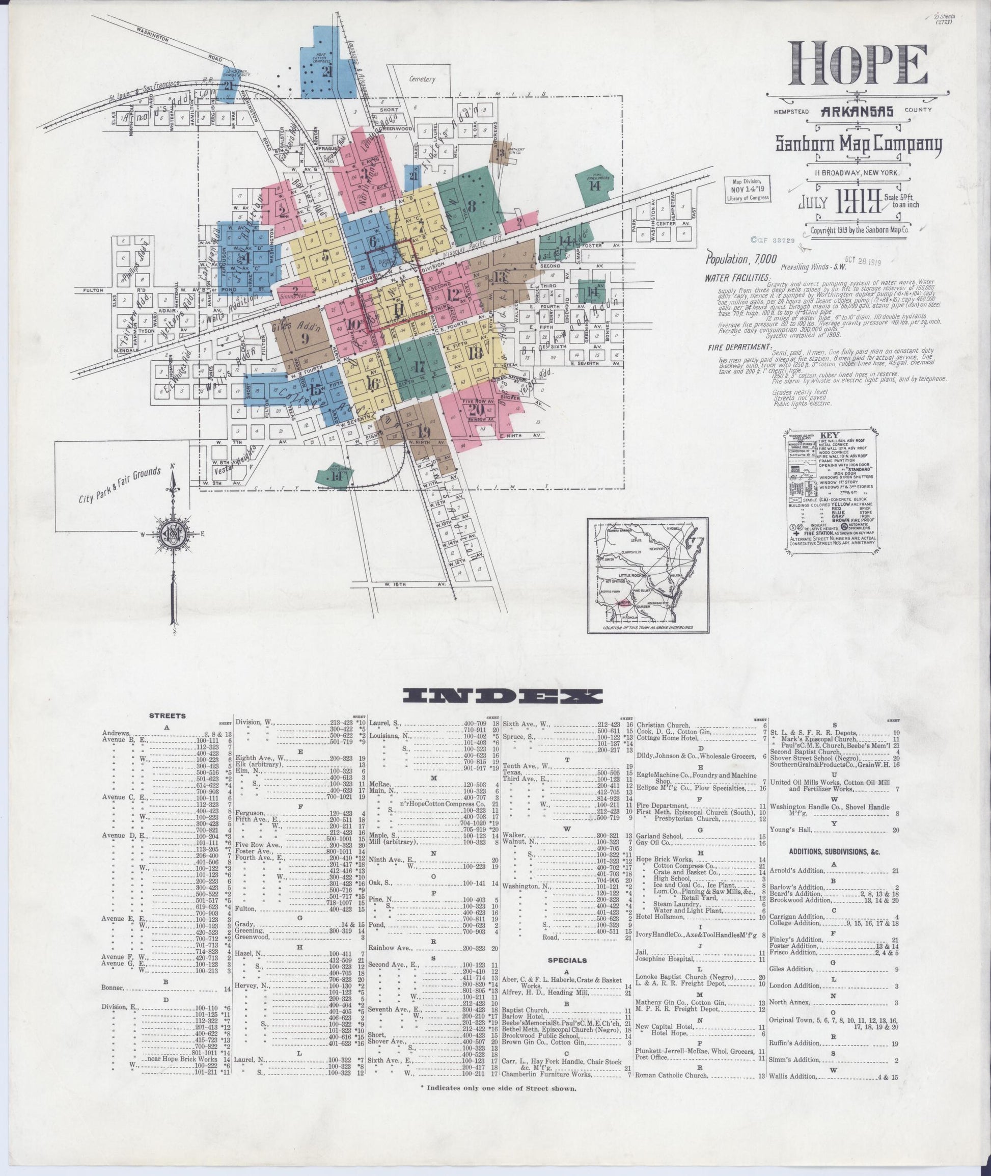 Sanborn Fire Insurance Map from Hope, Hempstead County, Arkansas (1919), Sheet #0001 - Historic Sanborn Fire Insurance Map Print, vintage old map wall art, antique decor, genealogy gift, Arkansas Arkansas map