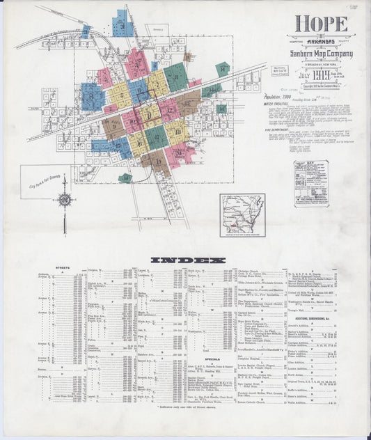 Sanborn Fire Insurance Map from Hope, Hempstead County, Arkansas (1919), Sheet #0001 - Historic Sanborn Fire Insurance Map Print, vintage old map wall art, antique decor, genealogy gift, Arkansas Arkansas map