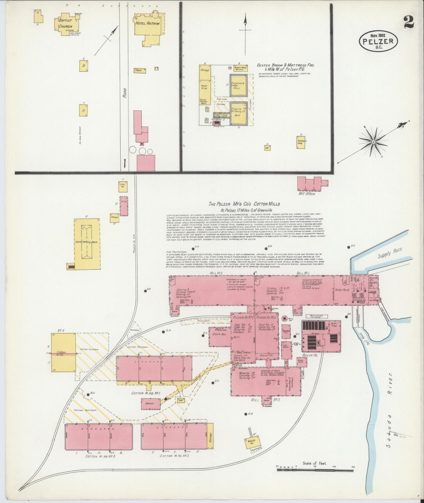 Sanborn Fire Insurance Map from Pelzer, Anderson County, South Carolina (1902), Sheet #0002 - Historic Sanborn Fire Insurance Map Print, vintage old map wall art, antique decor, genealogy gift, South Carolina South Carolina map