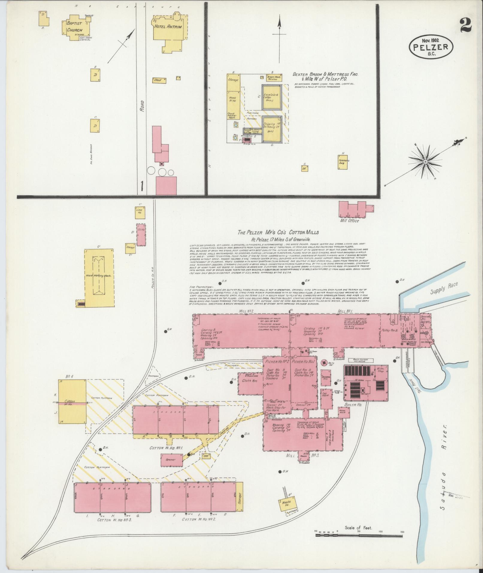 Sanborn Fire Insurance Map from Pelzer, Anderson County, South Carolina (1902), Sheet #0002 - Historic Sanborn Fire Insurance Map Print, vintage old map wall art, antique decor, genealogy gift, South Carolina South Carolina map