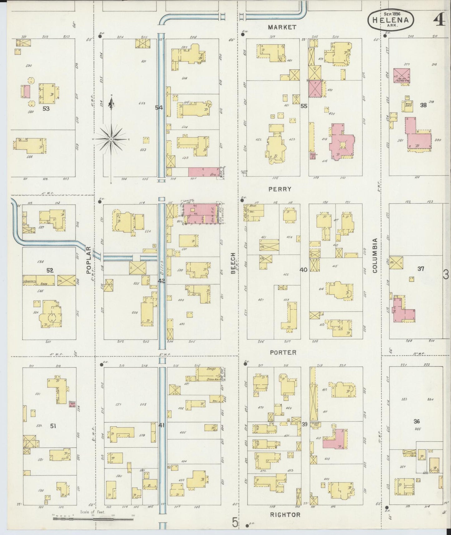 Sanborn Fire Insurance Map from Helena, Phillips County, Arkansas (1896), Sheet #0004 - Historic Sanborn Fire Insurance Map Print, vintage old map wall art, antique decor, genealogy gift, Arkansas Arkansas map