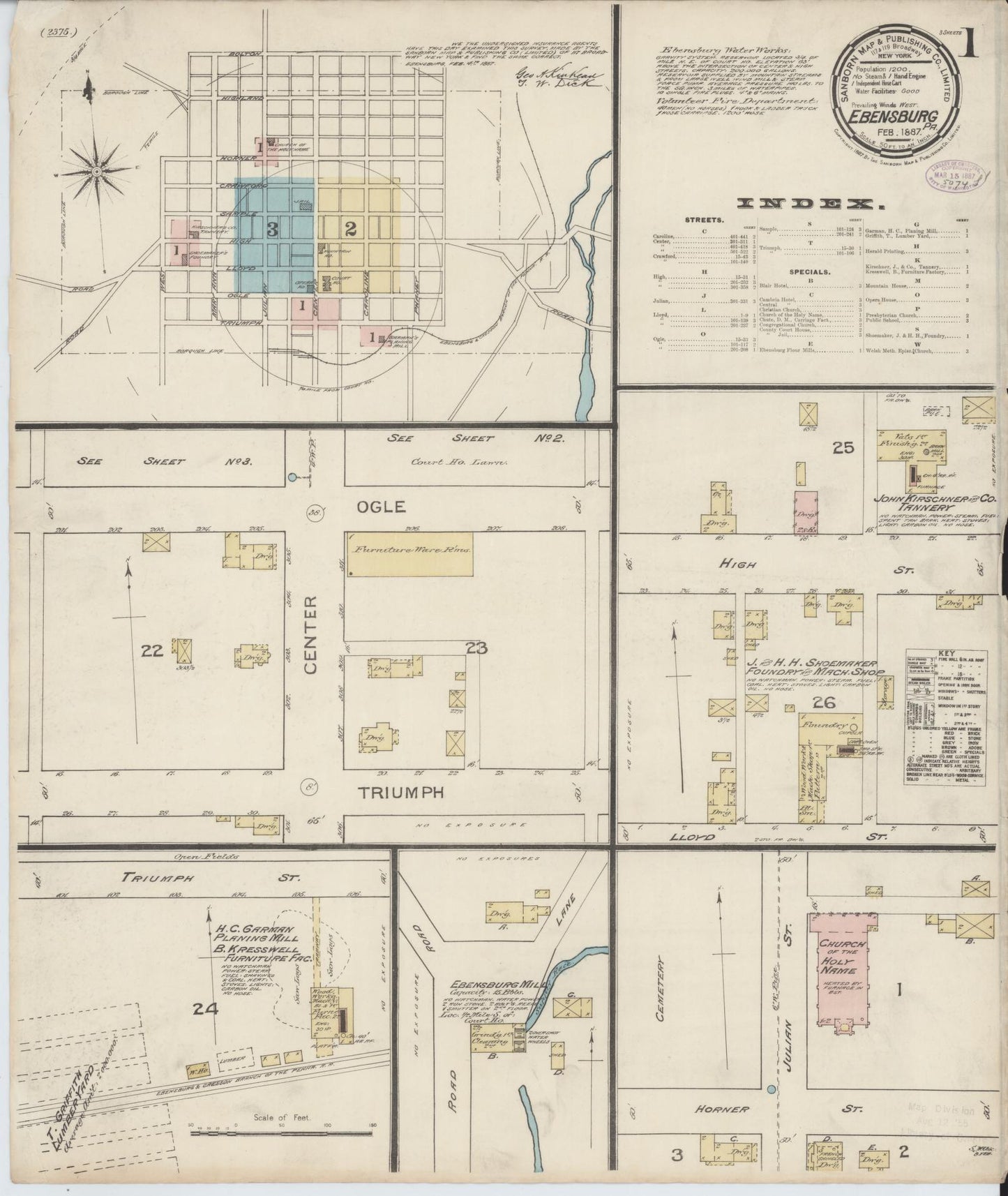 Sanborn Fire Insurance Map from Ebensburg, Cambria County, Pennsylvania (1887), Sheet #0001 - Historic Sanborn Fire Insurance Map Print, vintage old map wall art, antique decor, genealogy gift, Pennsylvania Pennsylvania map