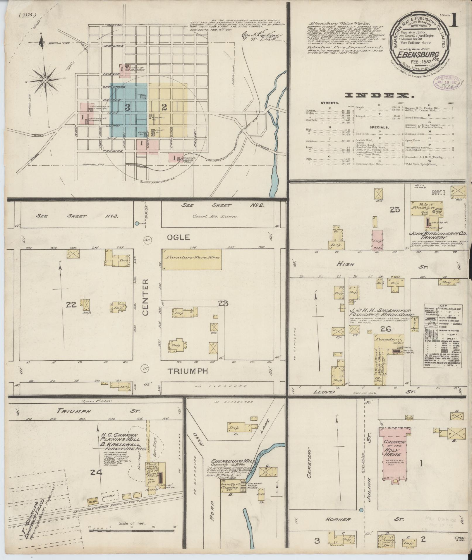 Sanborn Fire Insurance Map from Ebensburg, Cambria County, Pennsylvania (1887), Sheet #0001 - Historic Sanborn Fire Insurance Map Print, vintage old map wall art, antique decor, genealogy gift, Pennsylvania Pennsylvania map