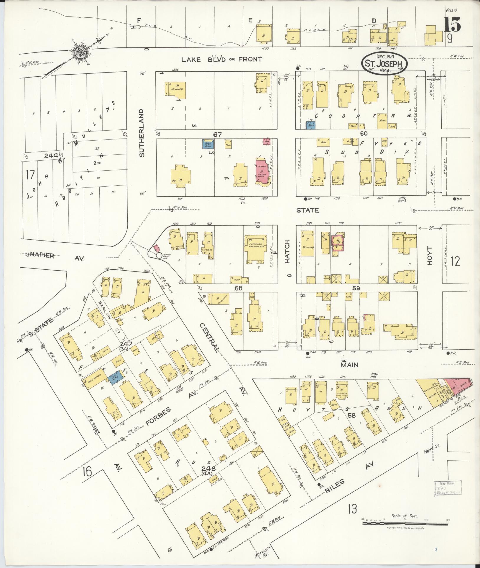 Sanborn Fire Insurance Map from Saint Joseph, Berrien County, Michigan (1921), Sheet #0015 - Complete Map Set gallery image, historic Sanborn map, vintage wall art, Michigan Michigan