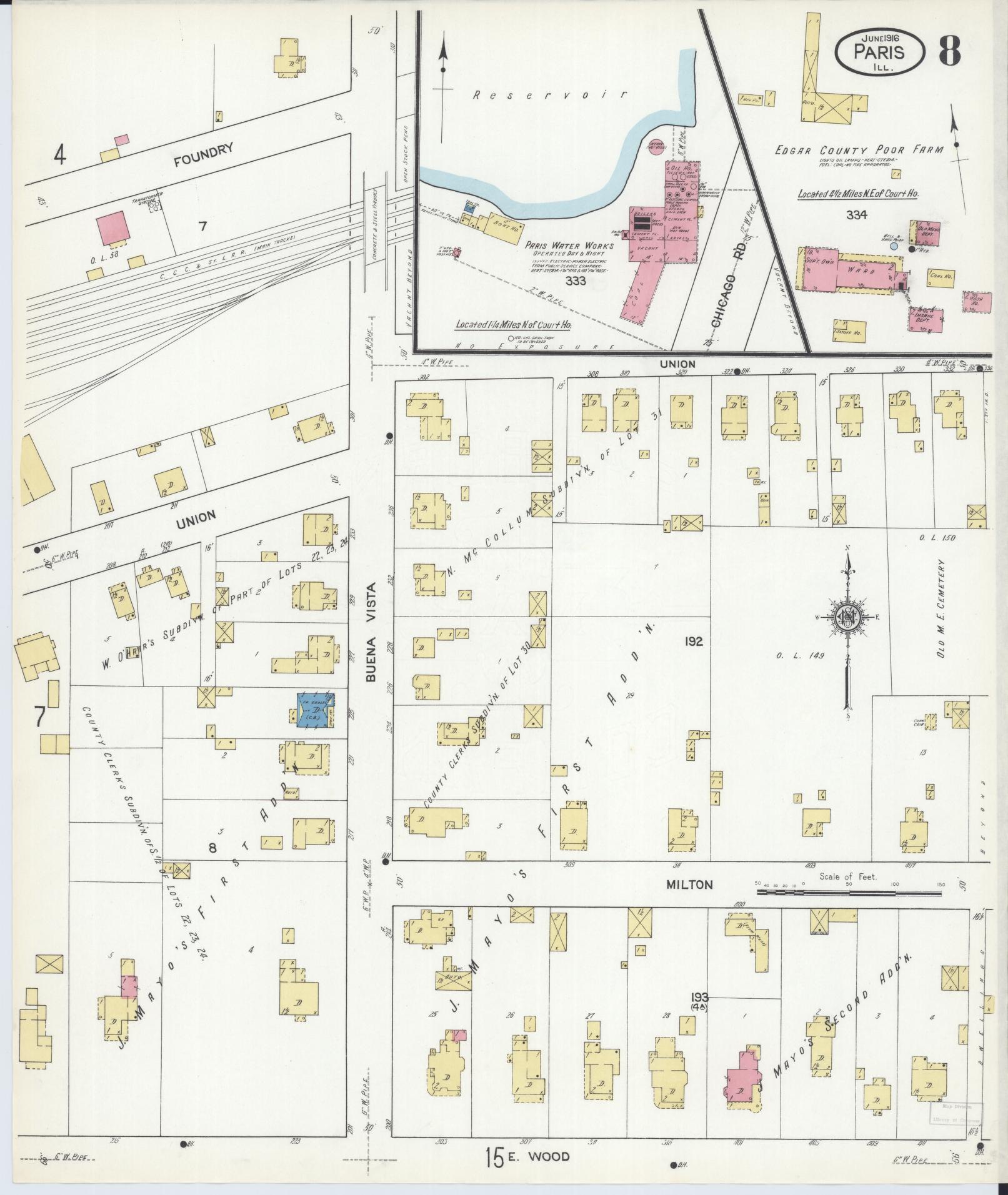 Sanborn Fire Insurance Map from Paris, Edgar County, Illinois (1916), Sheet #0008 - Historic Sanborn Fire Insurance Map Print, vintage old map wall art, antique decor, genealogy gift, Illinois Illinois map
