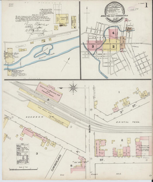 Sanborn Fire Insurance Map from Bristol, Sullivan County, Tennessee (1888), Sheet #0001 - Complete Map Set gallery image, historic Sanborn map, vintage wall art, Tennessee Tennessee