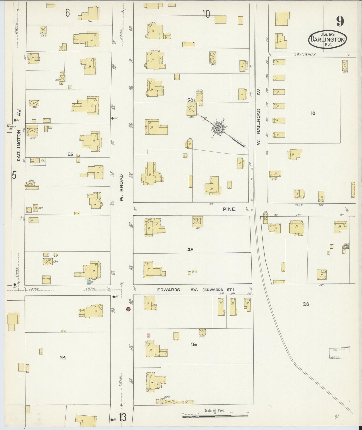 Sanborn Fire Insurance Map from Darlington, Darlington County, South Carolina (1913), Sheet #0009 - Historic Sanborn Fire Insurance Map Print, vintage old map wall art, antique decor, genealogy gift, South Carolina South Carolina map