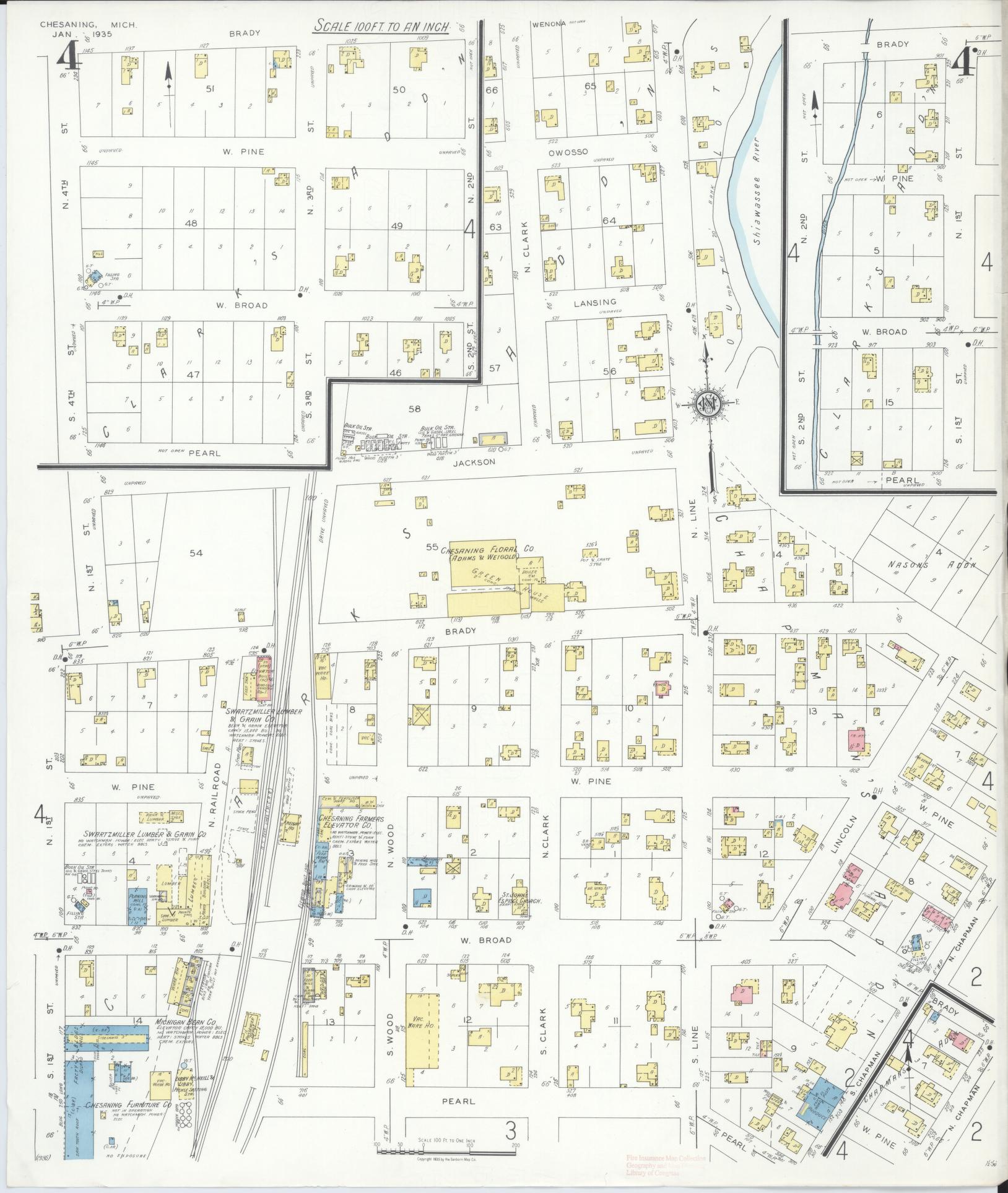 Sanborn Fire Insurance Map from Chesaning, Saginaw County, Michigan (1935), Sheet #0004 - Historic Sanborn Fire Insurance Map Print, vintage old map wall art, antique decor, genealogy gift, Michigan Michigan map
