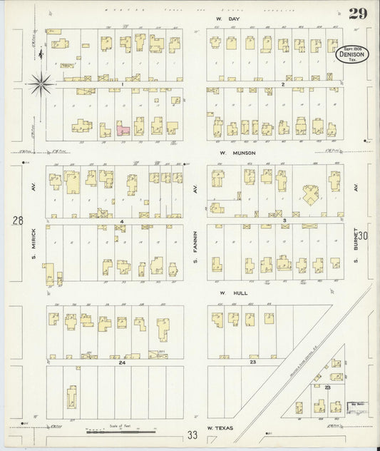 Sanborn Fire Insurance Map from Denison, Grayson County, Texas (1908), Sheet #0029 - Historic Sanborn Fire Insurance Map Print, vintage old map wall art, antique decor, genealogy gift, Texas Texas map