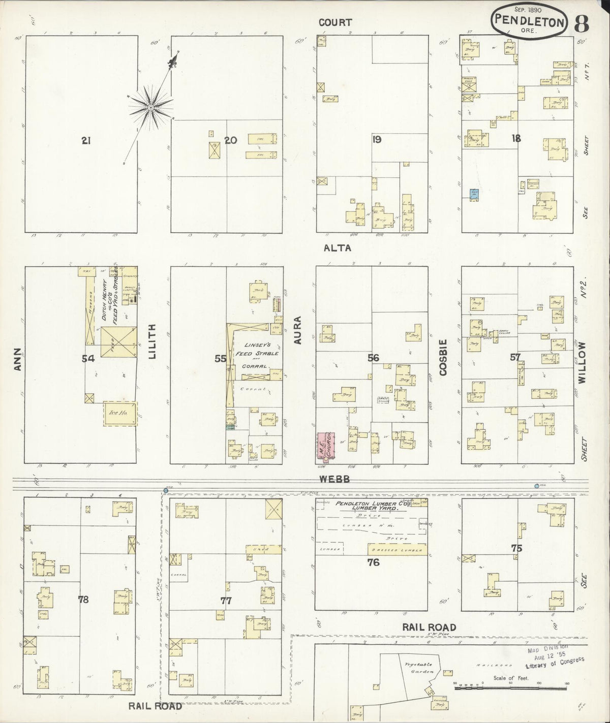 Sanborn Fire Insurance Map from Pendleton, Umatilla County, Oregon (1890), Sheet #0008 - Historic Sanborn Fire Insurance Map Print, vintage old map wall art, antique decor, genealogy gift, Oregon Oregon map