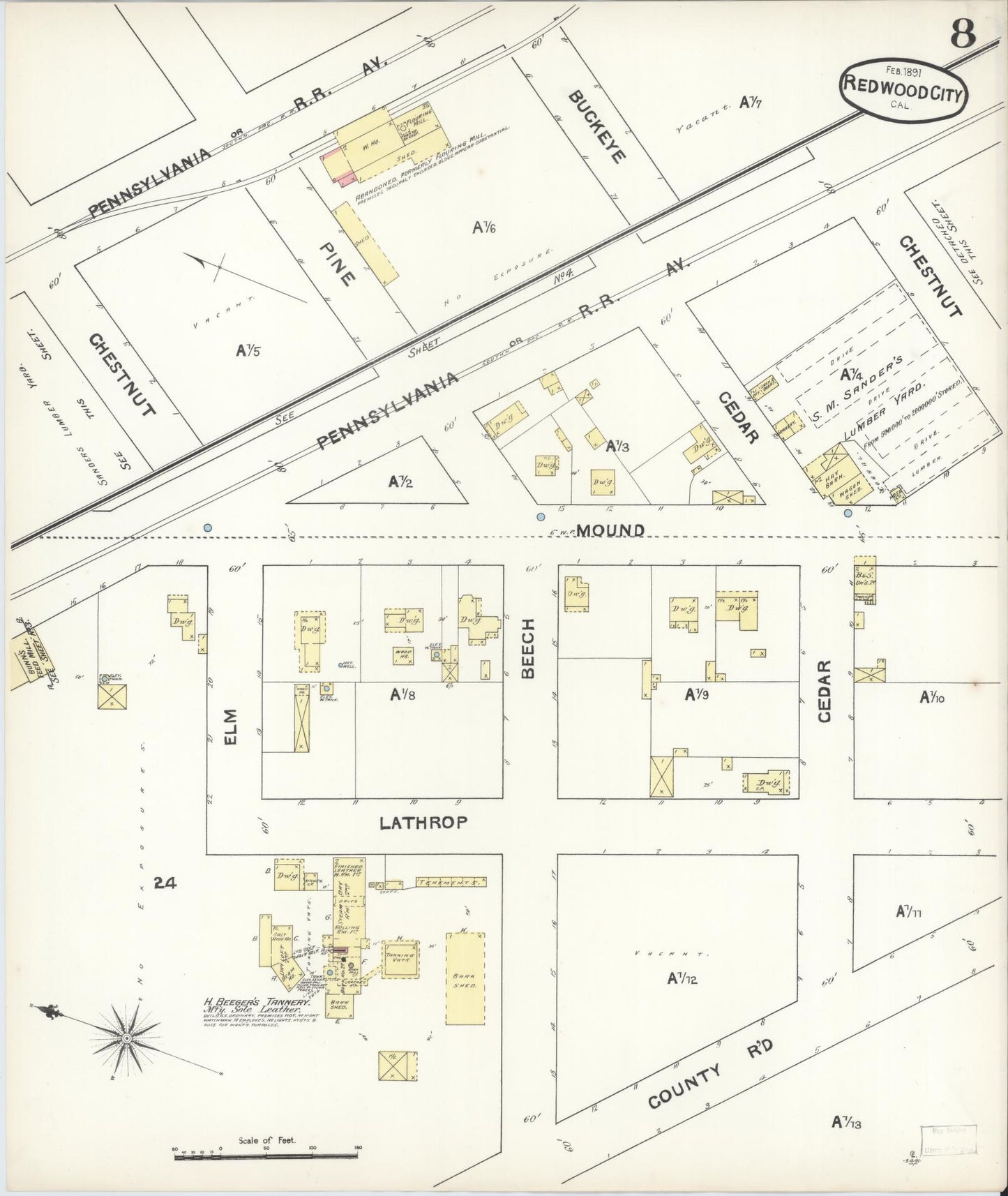 Sanborn Fire Insurance Map from Redwood City, San Mateo County, California (1891), Sheet #0008 - Complete Map Set gallery image, historic Sanborn map, vintage wall art, California California