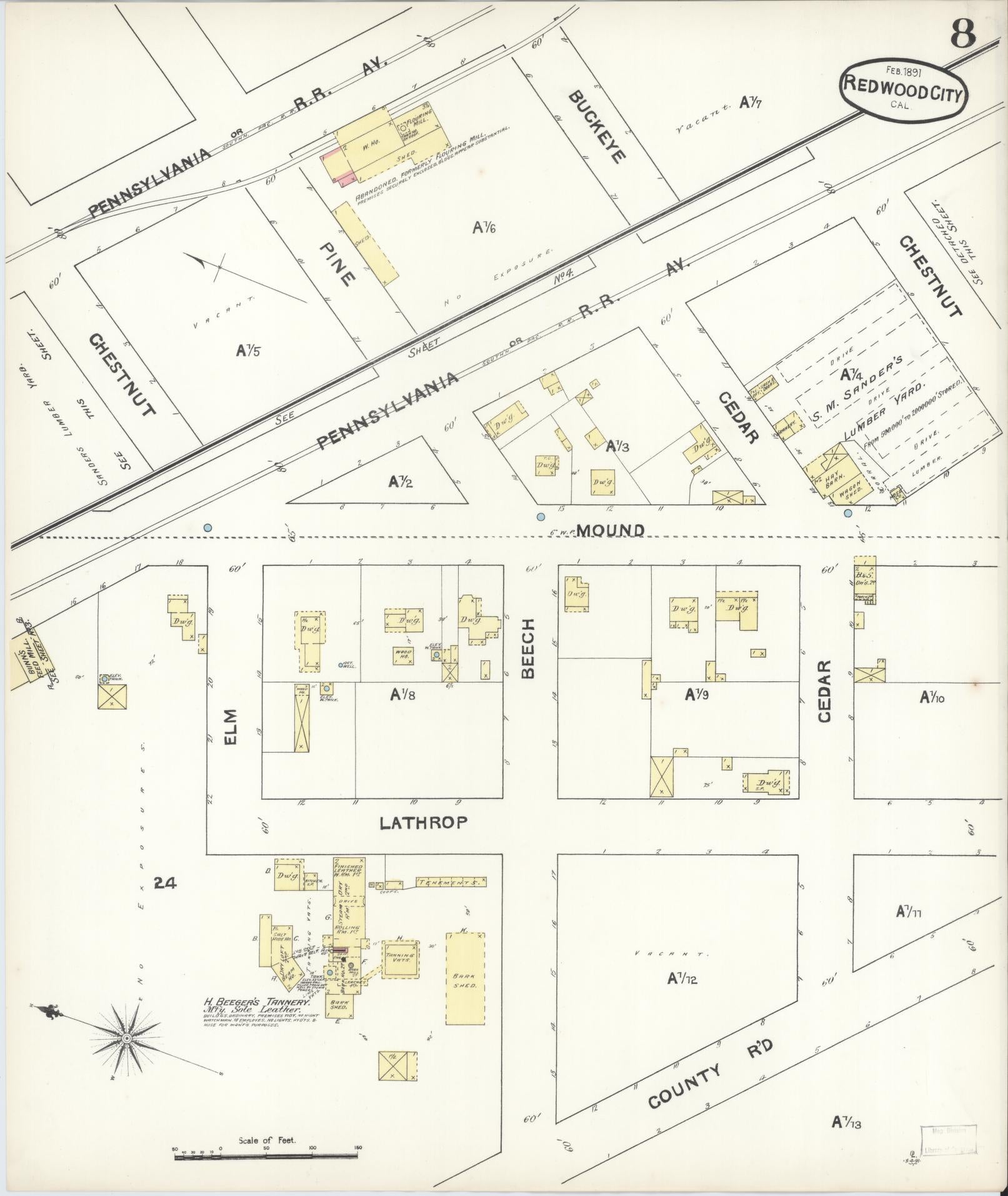 Sanborn Fire Insurance Map from Redwood City, San Mateo County, California (1891), Sheet #0008 - Complete Map Set gallery image, historic Sanborn map, vintage wall art, California California