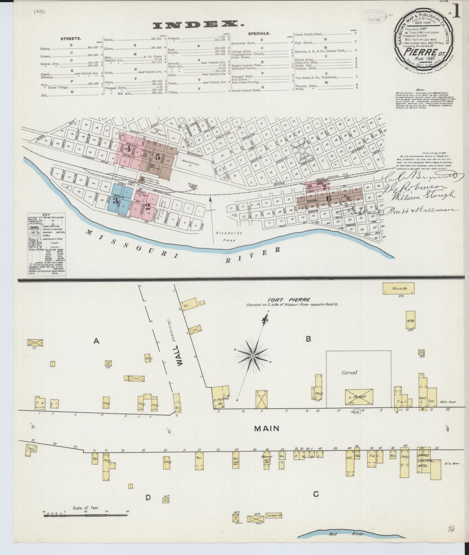 Sanborn Fire Insurance Map from Pierre, Hughes County, South Dakota (1887), Sheet #0001 - Complete Map Set gallery image, historic Sanborn map, vintage wall art, South Dakota South Dakota
