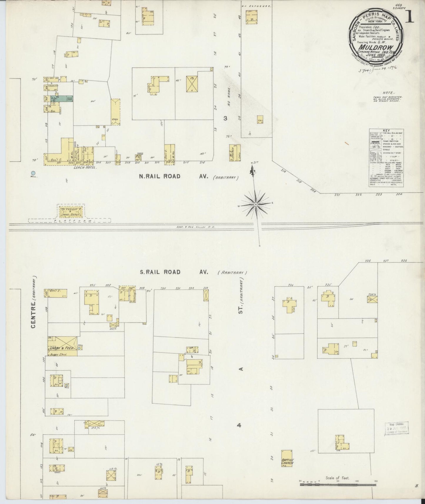 Sanborn Fire Insurance Map from Muldrow, Sequoyah County, Oklahoma (1896), Sheet #0001 - Complete Map Set gallery image, historic Sanborn map, vintage wall art, Oklahoma Oklahoma