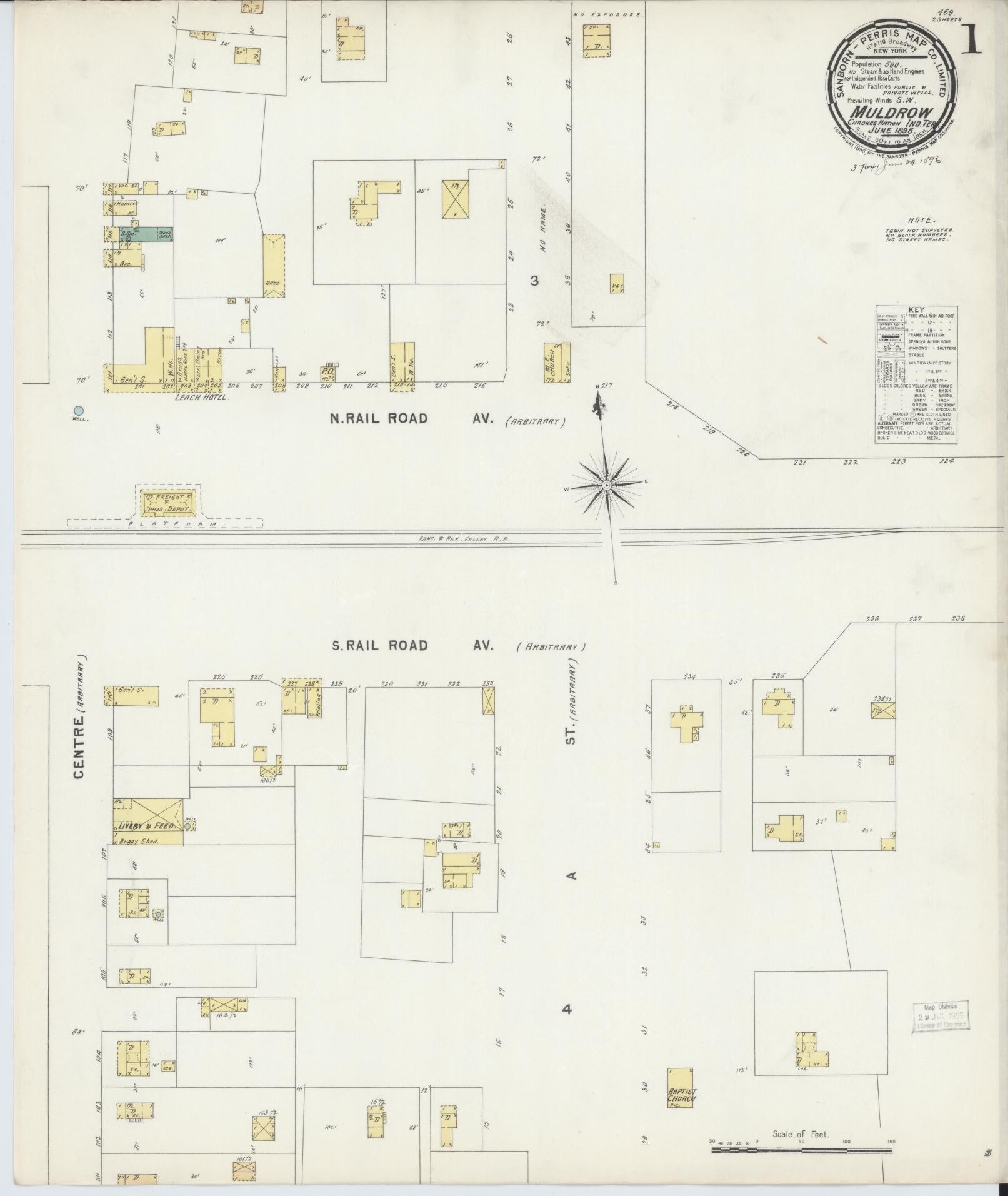 Sanborn Fire Insurance Map from Muldrow, Sequoyah County, Oklahoma (1896), Sheet #0001 - Complete Map Set gallery image, historic Sanborn map, vintage wall art, Oklahoma Oklahoma