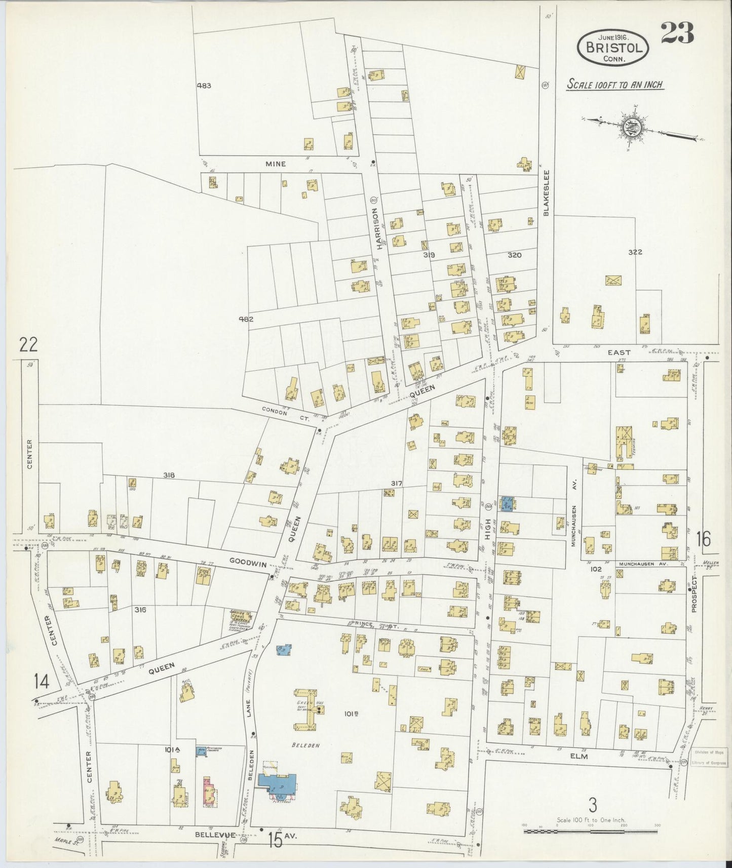 Sanborn Fire Insurance Map from Bristol, Hartford County, Connecticut (1916), Sheet #0023 - Complete Map Set gallery image, historic Sanborn map, vintage wall art, Connecticut Connecticut