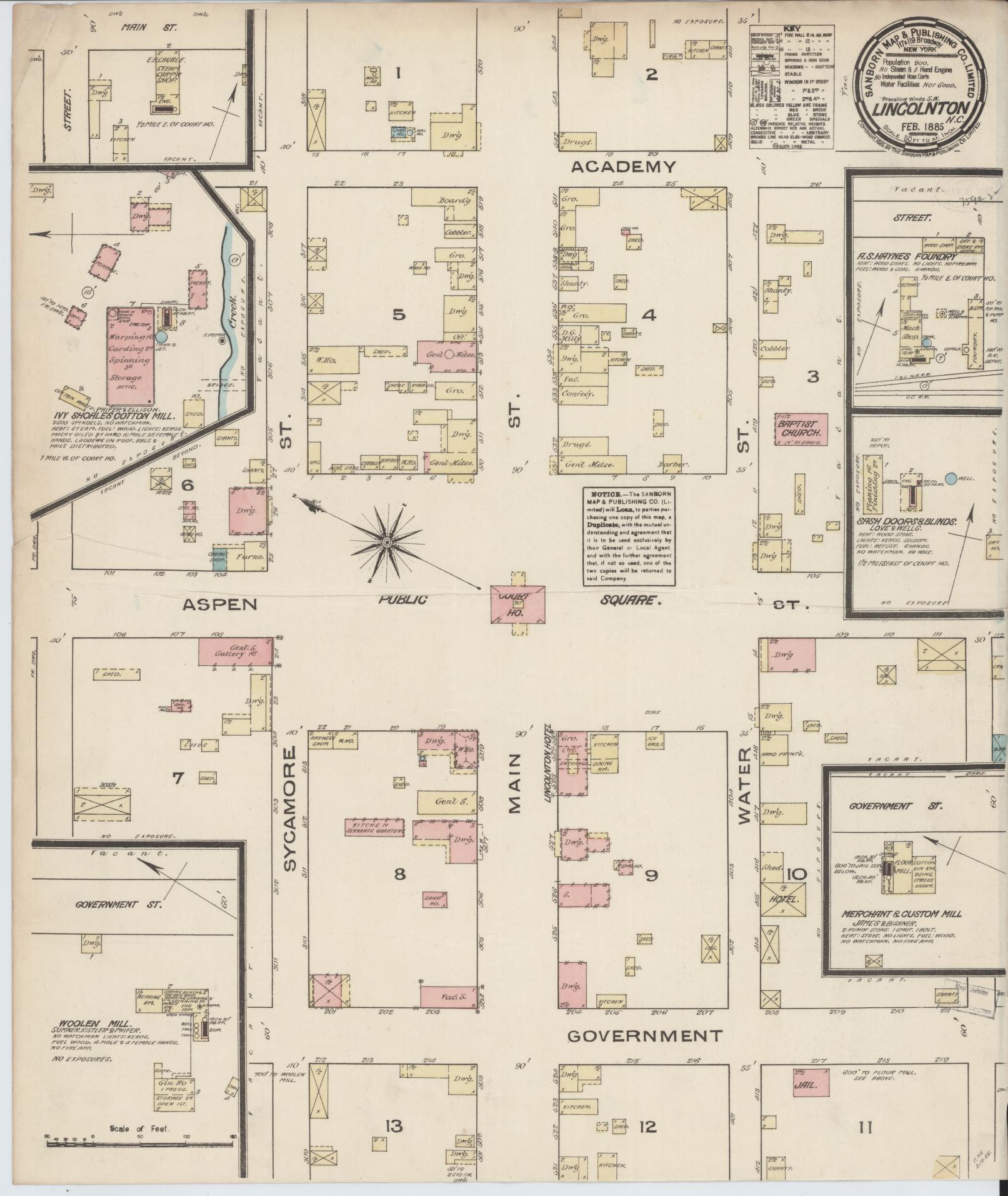 Sanborn Fire Insurance Map from Lincolnton, Lincoln County, North Carolina (1885), Sheet #0001 - Historic Sanborn Fire Insurance Map Print, vintage old map wall art, antique decor, genealogy gift, North Carolina North Carolina map