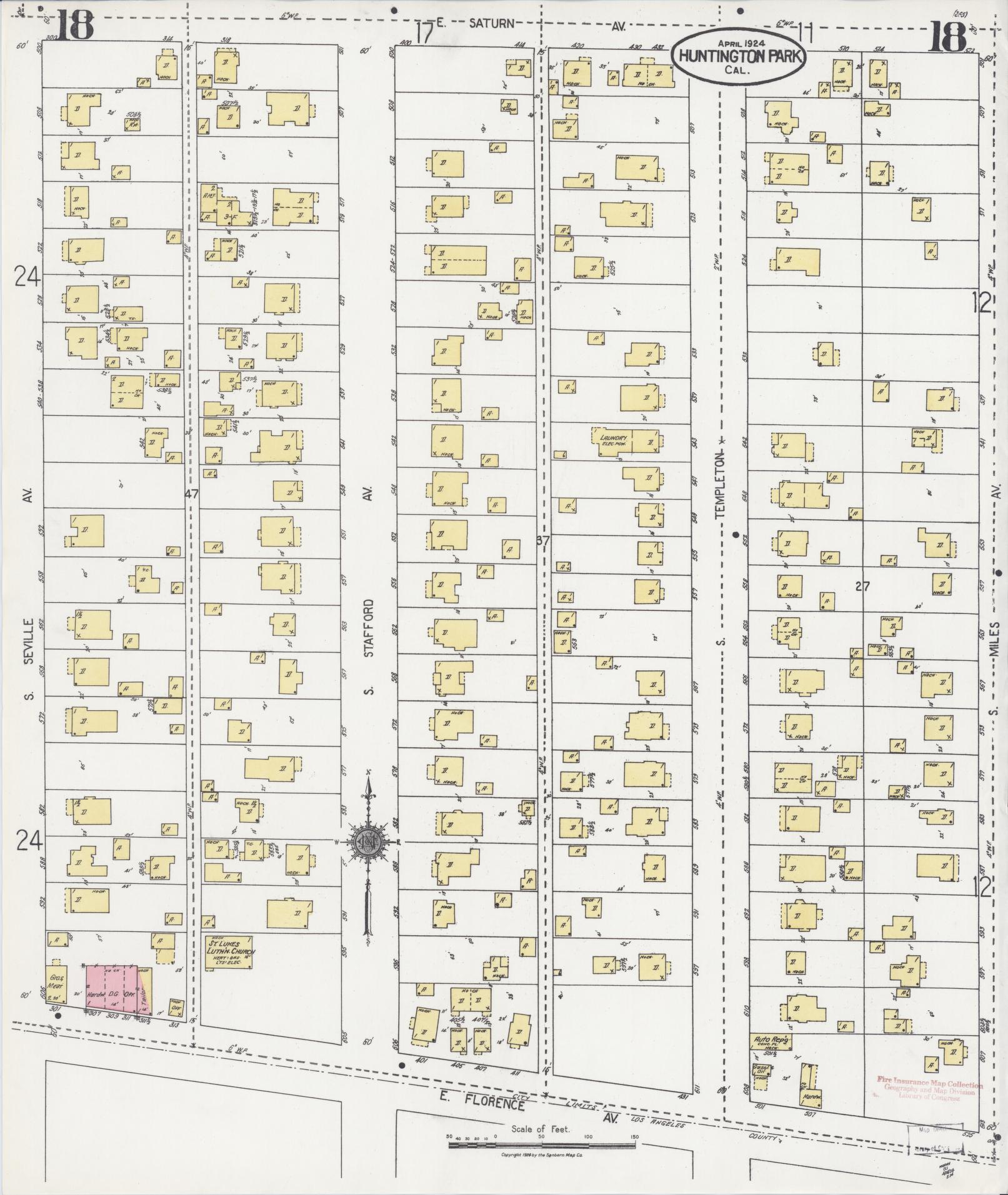 Sanborn Fire Insurance Map from Huntington Park, Los Angeles County, California (1924), Sheet #0018 - Historic Sanborn Fire Insurance Map Print, vintage old map wall art, antique decor, genealogy gift, California California map