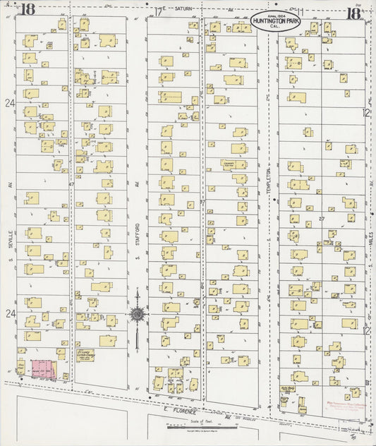 Sanborn Fire Insurance Map from Huntington Park, Los Angeles County, California (1924), Sheet #0018 - Historic Sanborn Fire Insurance Map Print, vintage old map wall art, antique decor, genealogy gift, California California map