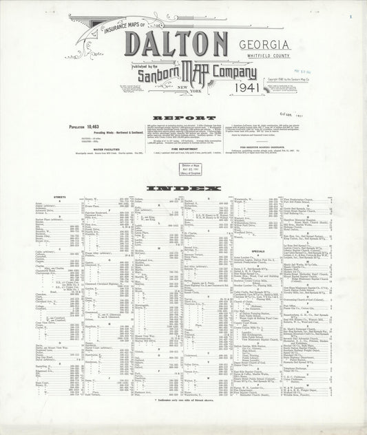 Sanborn Fire Insurance Map from Dalton, Whitfield County, Georgia (1941), Sheet #0001 - Historic Sanborn Fire Insurance Map Print, vintage old map wall art, antique decor, genealogy gift, Georgia Georgia map