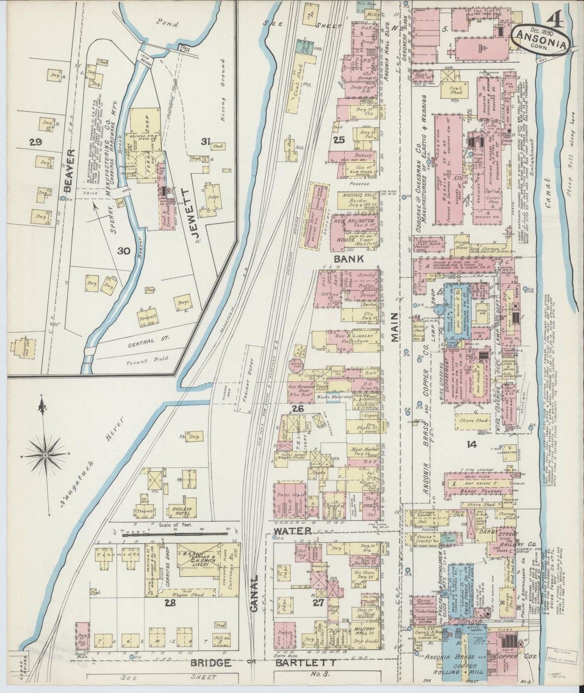 Sanborn Fire Insurance Map from Ansonia, New Haven County, Connecticut (1890), Sheet #0004 - Historic Sanborn Fire Insurance Map Print, vintage old map wall art, antique decor, genealogy gift, Connecticut Connecticut map