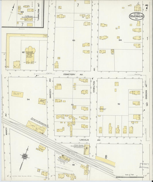 Sanborn Fire Insurance Map from Riverhead, Suffolk County, New York (1909), Sheet #0007 - Historic Sanborn Fire Insurance Map Print, vintage old map wall art, antique decor, genealogy gift, New York New York map