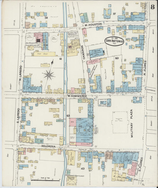 Sanborn Fire Insurance Map from San Antonio, Bexar County, Texas (1888), Sheet #0008 - Historic Sanborn Fire Insurance Map Print, vintage old map wall art, antique decor, genealogy gift, Texas Texas map