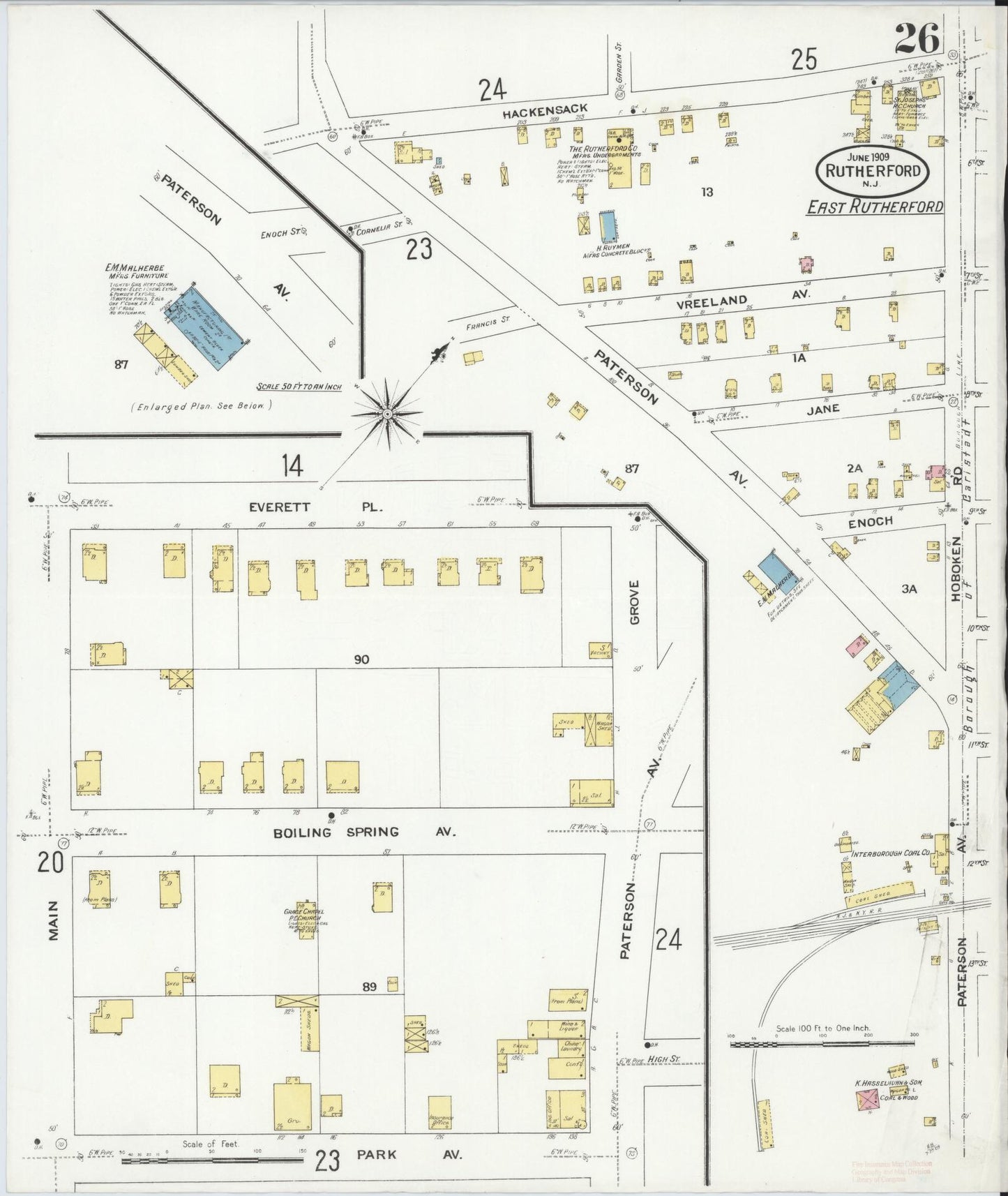 Sanborn Fire Insurance Map from Rutherford, Bergen County, New Jersey (1909), Sheet #0026 - Complete Map Set gallery image, historic Sanborn map, vintage wall art, New Jersey New Jersey