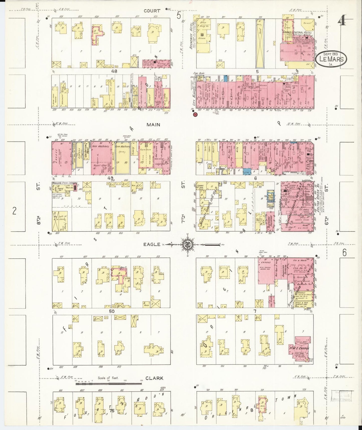 Sanborn Fire Insurance Map from Le Mars, Plymouth County, Iowa (1913), Sheet #0004 - Historic Sanborn Fire Insurance Map Print, vintage old map wall art