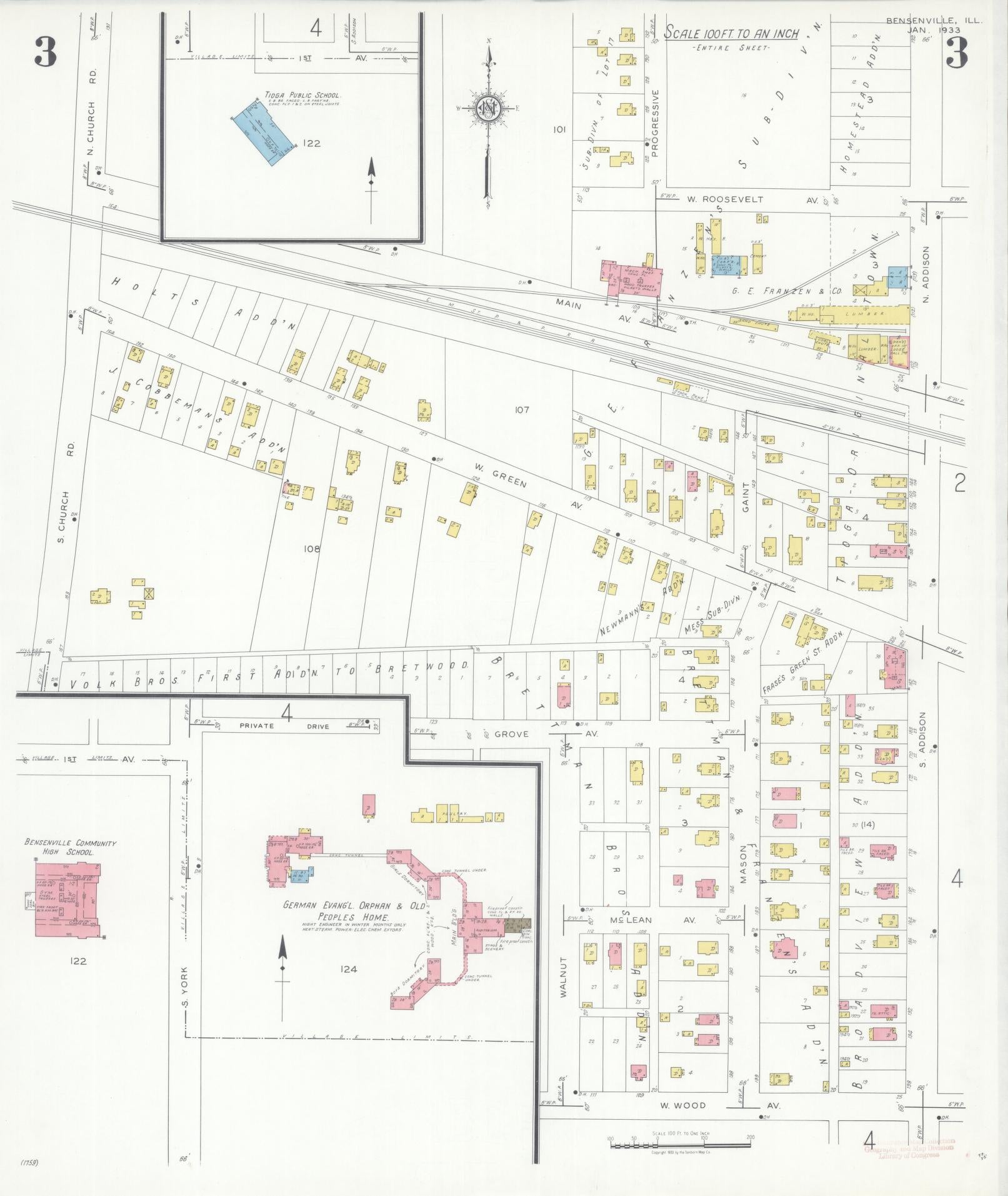 Sanborn Fire Insurance Map from Bensenville, Dupage County, Illinois (1933), Sheet #0003 - Historic Sanborn Fire Insurance Map Print, vintage old map wall art, antique decor, genealogy gift, Illinois Illinois map